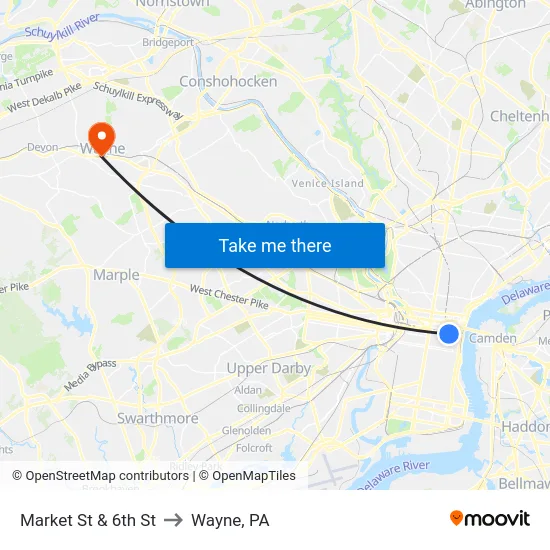 Market St & 6th St to Wayne, PA map
