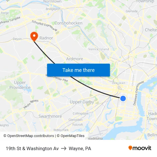 19th St & Washington Av to Wayne, PA map
