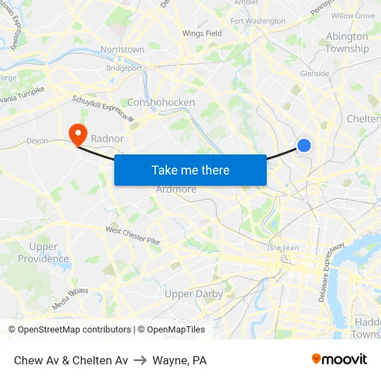 Chew Av & Chelten Av to Wayne, PA map