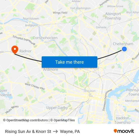 Rising Sun Av & Knorr St to Wayne, PA map