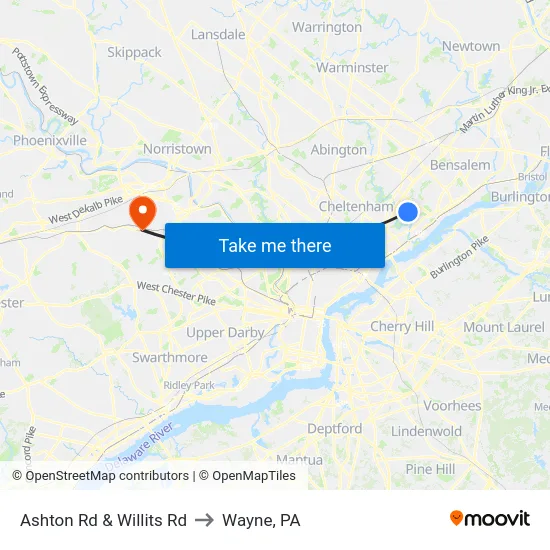 Ashton Rd & Willits Rd to Wayne, PA map