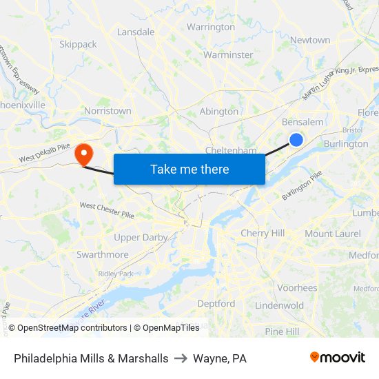 Philadelphia Mills & Marshalls to Wayne, PA map