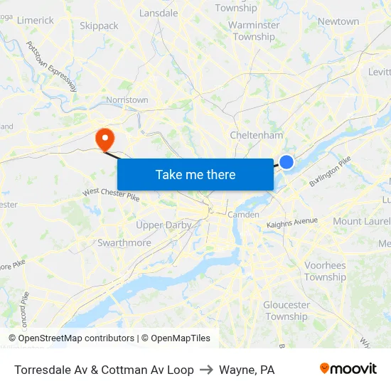 Torresdale Av & Cottman Av Loop to Wayne, PA map