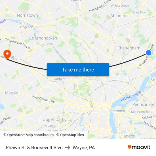Rhawn St & Roosevelt Blvd to Wayne, PA map