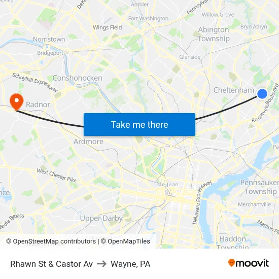 Rhawn St & Castor Av to Wayne, PA map