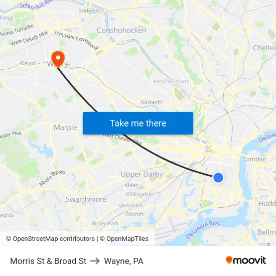 Morris St & Broad St to Wayne, PA map