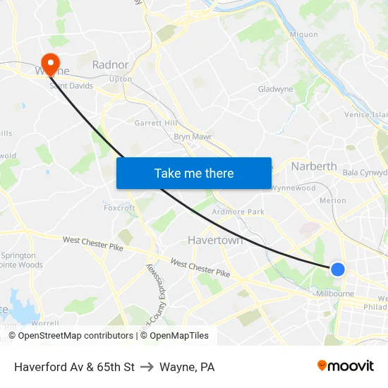 Haverford Av & 65th St to Wayne, PA map