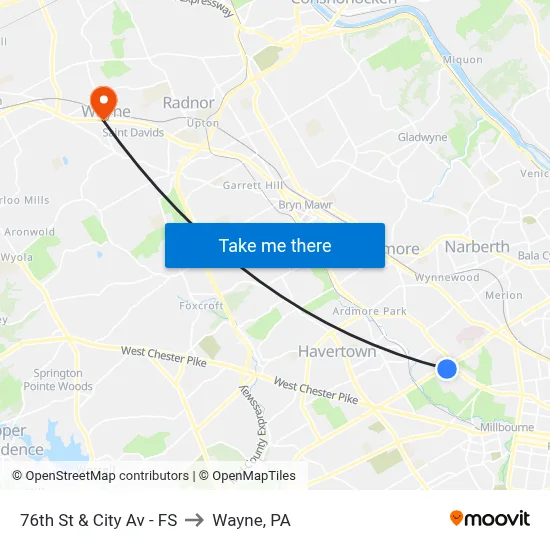 76th St & City Av - FS to Wayne, PA map