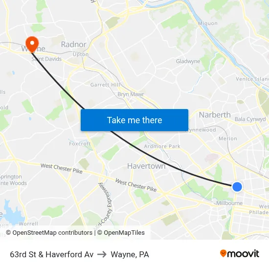 63rd St & Haverford Av to Wayne, PA map