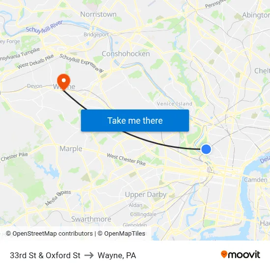 33rd St & Oxford St to Wayne, PA map
