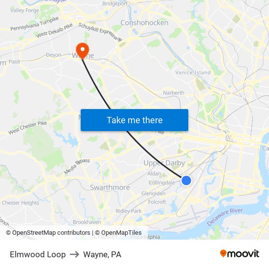 Elmwood Loop to Wayne, PA map