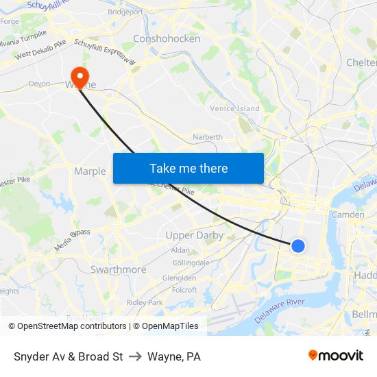 Snyder Av & Broad St to Wayne, PA map