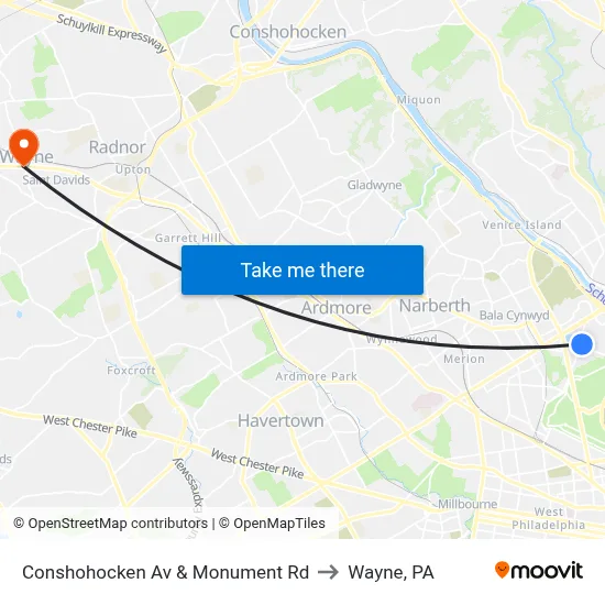 Conshohocken Av & Monument Rd to Wayne, PA map