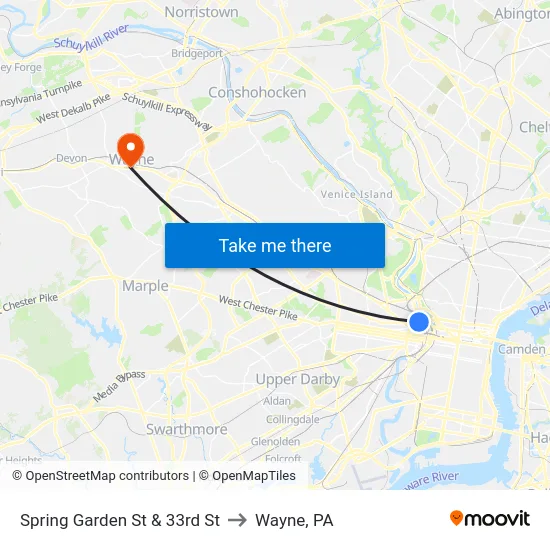 Spring Garden St & 33rd St to Wayne, PA map