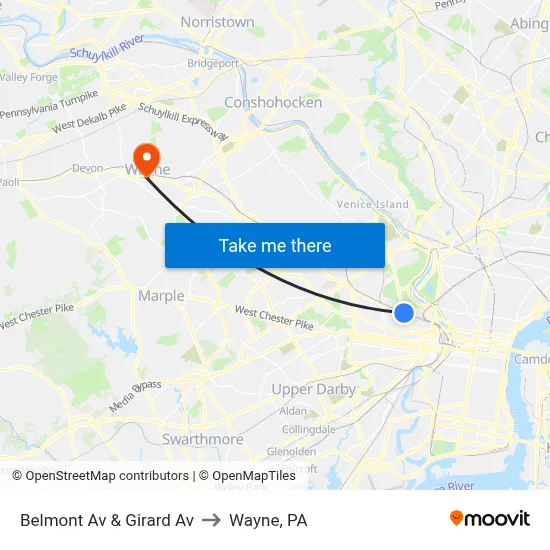Belmont Av & Girard Av to Wayne, PA map