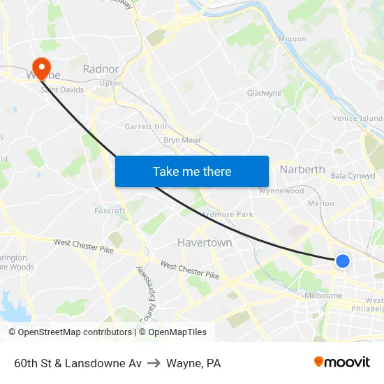 60th St & Lansdowne Av to Wayne, PA map