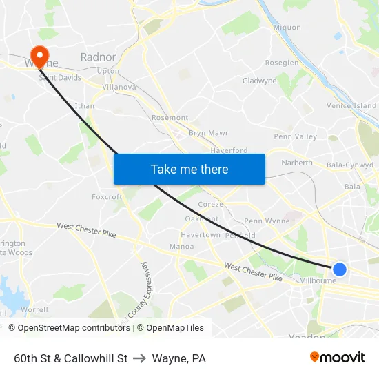 60th St & Callowhill St to Wayne, PA map