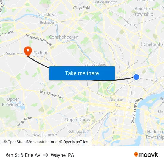 6th St & Erie Av to Wayne, PA map