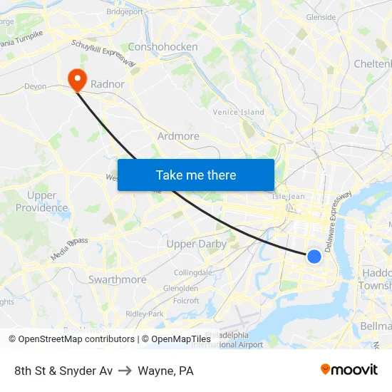 8th St & Snyder Av to Wayne, PA map