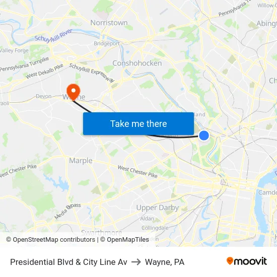 Presidential Blvd & City Line Av to Wayne, PA map