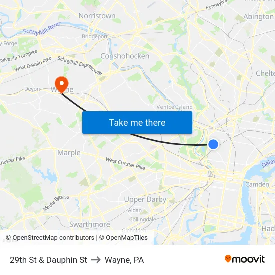 29th St & Dauphin St to Wayne, PA map