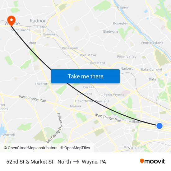 52nd St & Market St - North to Wayne, PA map
