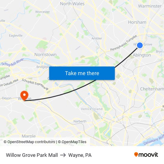 Willow Grove Park Mall to Wayne, PA map