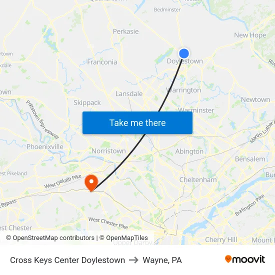 Cross Keys Center Doylestown to Wayne, PA map