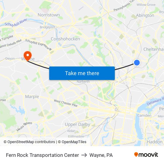 Fern Rock Transportation Center to Wayne, PA map