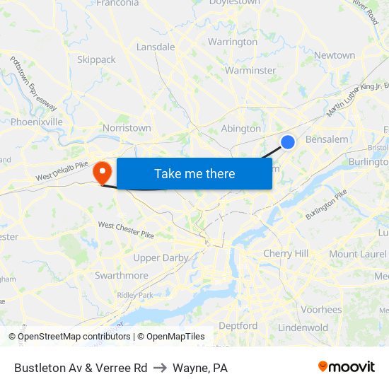 Bustleton Av & Verree Rd to Wayne, PA map