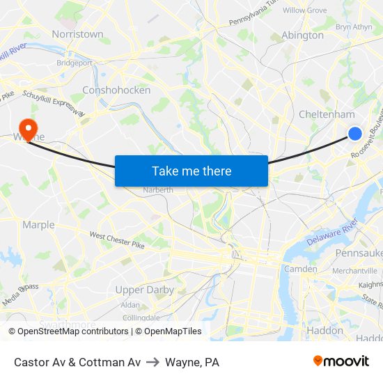 Castor Av & Cottman Av to Wayne, PA map