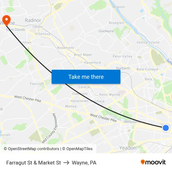 Farragut St & Market St to Wayne, PA map