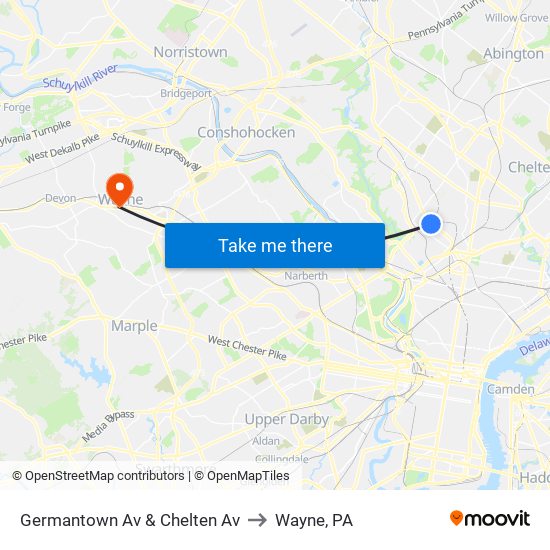 Germantown Av & Chelten Av to Wayne, PA map
