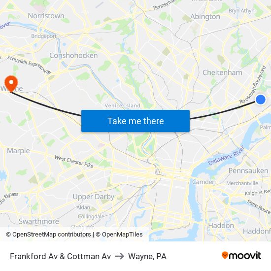 Frankford Av & Cottman Av to Wayne, PA map