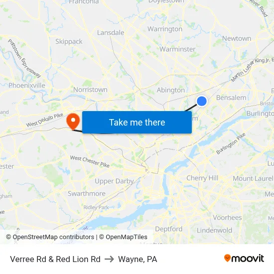 Verree Rd & Red Lion Rd to Wayne, PA map