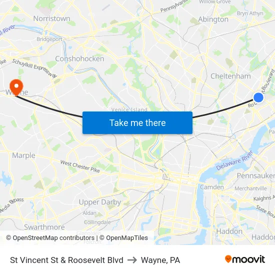 St Vincent St & Roosevelt Blvd to Wayne, PA map