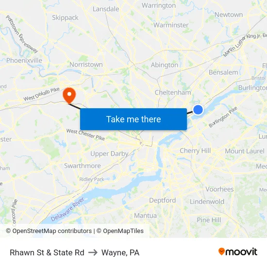 Rhawn St & State Rd to Wayne, PA map