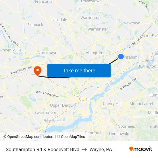 Southampton Rd & Roosevelt Blvd to Wayne, PA map
