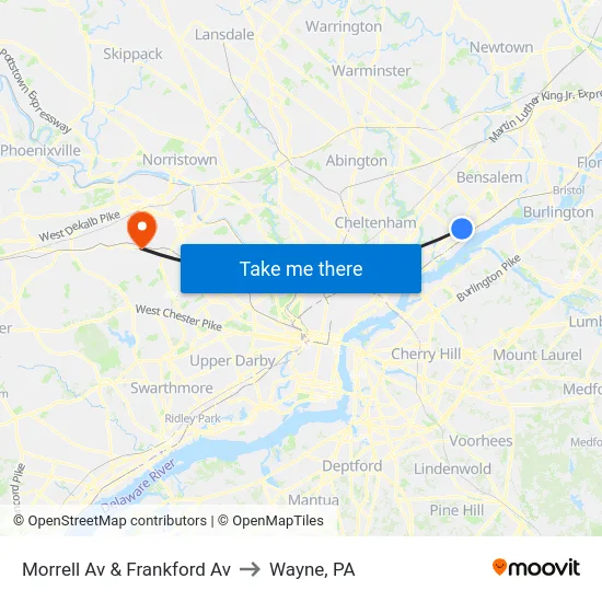 Morrell Av & Frankford Av to Wayne, PA map