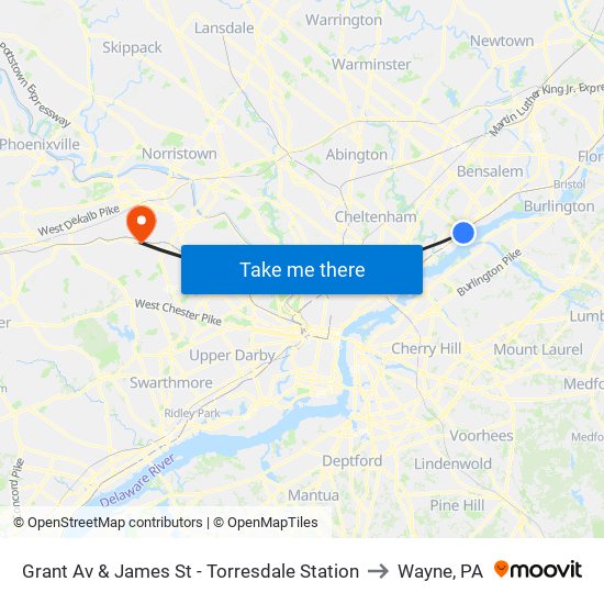 Grant Av & James St - Torresdale Station to Wayne, PA map