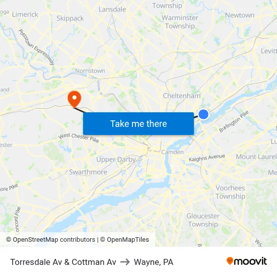 Torresdale Av & Cottman Av to Wayne, PA map