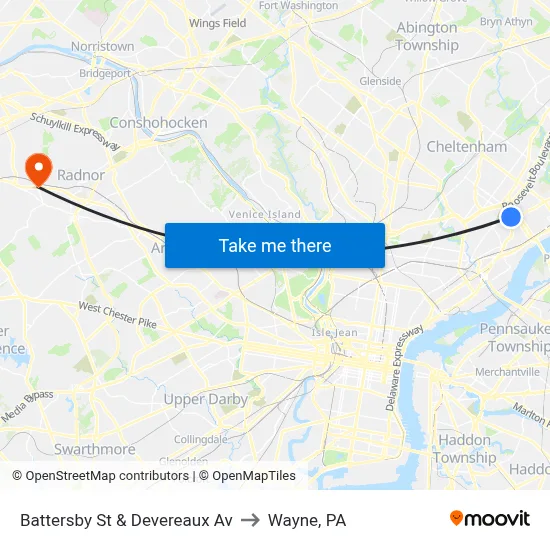 Battersby St & Devereaux Av to Wayne, PA map