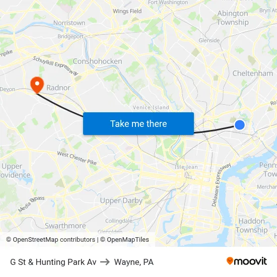 G St & Hunting Park Av to Wayne, PA map