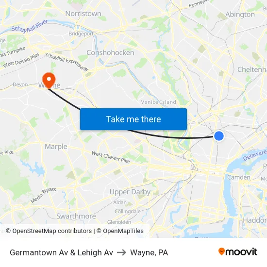 Germantown Av & Lehigh Av to Wayne, PA map