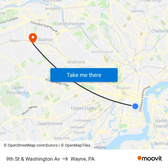 9th St & Washington Av to Wayne, PA map