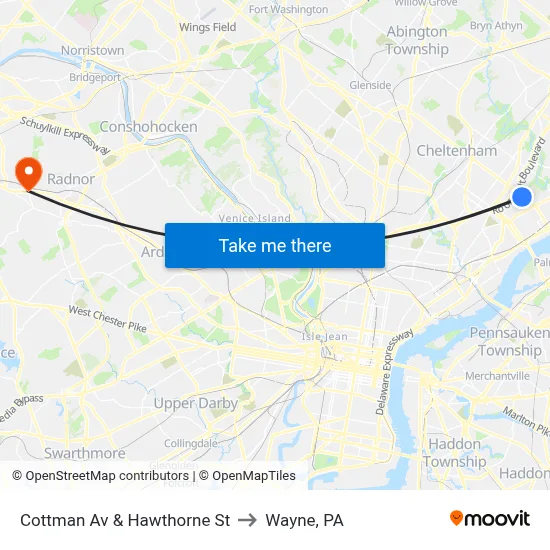 Cottman Av & Hawthorne St to Wayne, PA map