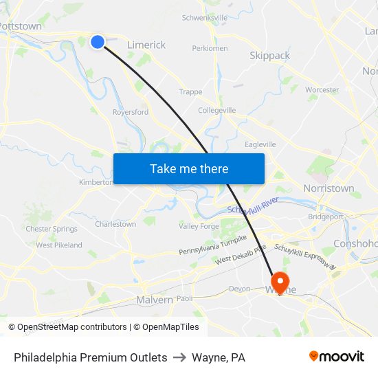 Philadelphia Premium Outlets to Wayne, PA map