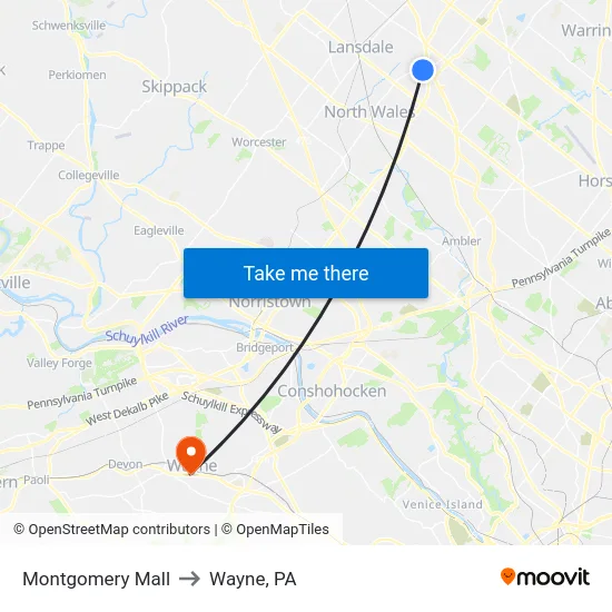 Montgomery Mall to Wayne, PA map