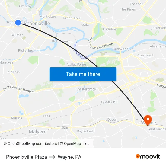 Phoenixville Plaza to Wayne, PA map