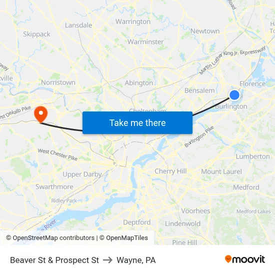 Beaver St & Prospect St to Wayne, PA map